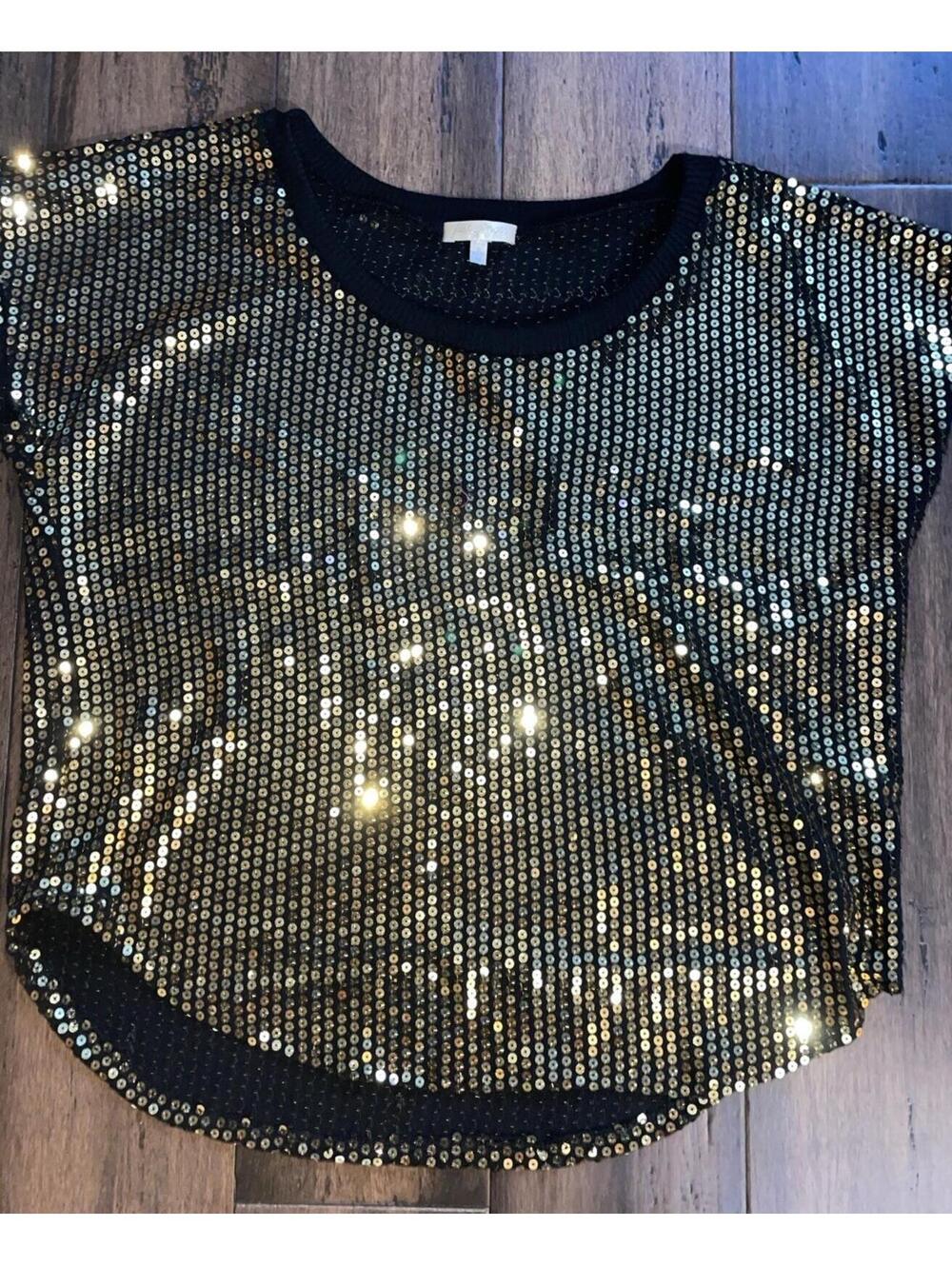Party Gold Sequin Pullover Top Sz M Short Sleeve Stretch Party Shimmer Nice